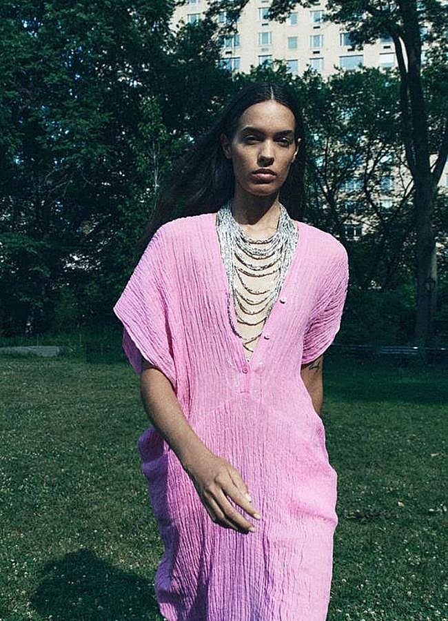 Imagen - Caftán de lino arrugado rosa