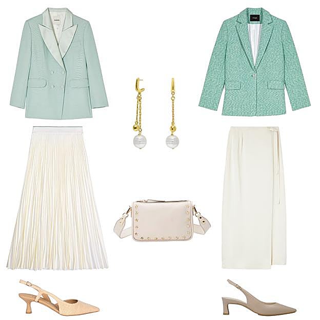 Chaqueta cruzada, con cuello en raso, de SANDRO (425 €). Pendientes Dolce, largos y dorados, con perlas, de VIDDA (86 €). Chaqueta tipo blazer, jaspeada, de MAJE (198 €). Falda tipo pareo, de POMANDÈRE (267 €). Zapato destalonado, con tacón bajo, de LODI (129 €). Zapato destalonado, con tacón kitten, de RIVERA (C.P.V.). Falda larga y plisada, de TOMMY HILFIGER COLLECTION (156 €). Bolos Sandy, en piel con tachuelas, de MERCULES (215 €). 