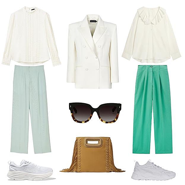 Blusa boho con bordados, de SFERA (16 €). Blazer estructurada, de BLANAM (295 €). Blusa amplia, con cuello, de ARKET (C.P.V.). Pantalón con pinzas, de POMANDÈRE (284 €). Zapatillas Rs-x Efekt, de PUMA PARA COURIR (60 €). Bolso M, con flecos, de MAJE (207 €). Zapatillas Bondi 8, de HOKA (C.P.V.). Pantalón fluido, de SANDRO (245 €). Gafas de sol, efecto carey, de TIWI (75 €). 