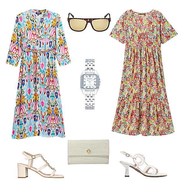 Vestido abotonado, con cinturón de cuerda, de TINTA Y BARILOCHE (195 €). Gafas de sol, de TIMBERLAND (70 € aprox.). Vestido estampado, de SFERA (16 €). Sandalia Iris, en piel blanca, de WONDERS (82 €). Bolso de mano, de MAJE (195 €). Sandalias Annie, con tacón medio y detalle de cadena, de MASCARÓ (229 €). Reloj Bahamas, en acero, de RADIANT (52, 90 €). 