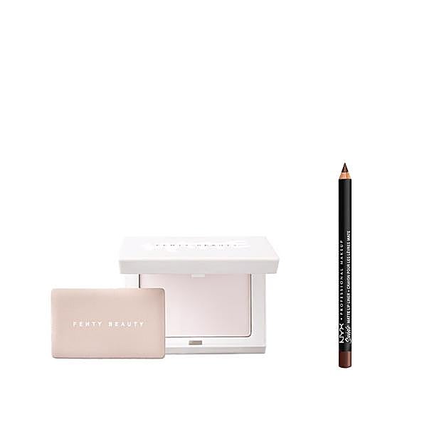 Polvos traslúcidos de Fenty Beauty y lápiz de labios de Nyx.
