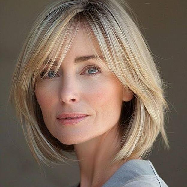 Mujer con sharp bob desfilado con flequillo abierto