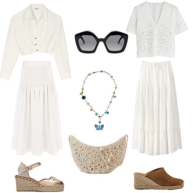 Camisa blanca corta, de SANDRO (195 €). Gafas de sol con silueta geométrica, de MÓ DE MULTIÓPTICAS (49 €). Blusa con detalles calados, de INDI & COLD (53, 90 €). Falda boho con cinturilla ajustable, de BERSHKA (20 €). Zueco tipo alpargata Austen, de MUSTANG (49, 95 €). Bolso de crochet, de PARFOIS (25, 99 €). Alpargatas Sofía, en piel dorada, de HISPANITAS (99, 95 €). Falda Florita, de COOSY (139 €). Collar con abalorios y pieza de porcelana, de CASHFANA (130 €).