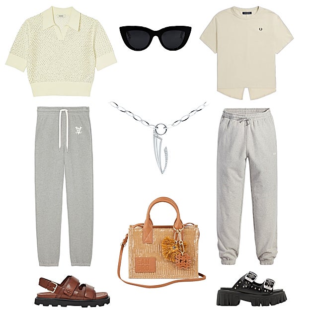 Polo calado con manga corta, de SANDRO (235 €). Gafas Ephemeral Chelsea, tipo cat-eye, de GOODBYE RITA (59, 90 €). Camiseta con manga corta, de FRED PERRY (70 €). Pantalón de chándal, de LEVI'S (C.P. V.). Sandalia con suela track y tachuelas, de BUFFALO (130 €). Bolso con paillettes, de SANDRO (260 €). Sandalia en piel con tira al talón, de UGG (145 €). Pantalón de chándal, de ZADIG & VOLTAIRE (112 €). Collar con colgante Palm, en plata con baño de rodio y circonitas, de MARINA GARCÍA (255 €). 