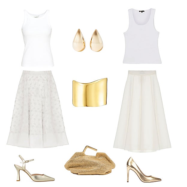 Camiseta de algodón tipo tank top, de GESTUZ (40 €). Pendientes dorados tipo lágrima, de PARFOIS (7 €). Camiseta de tirantes, de MAJE (95 €). Falda con vuelo, de DIXIE (46, 50 €). Zapatos de tacón dorados, de MARTINELLI (105 €). Bolso en rafia dorada, de ZARA (45 €). Zapato destalonado, de LODI (129 €). Falda midi con volumen, de IMPERIAL (96 €). Brazalete en plata dorada, de TOUS (245 €).