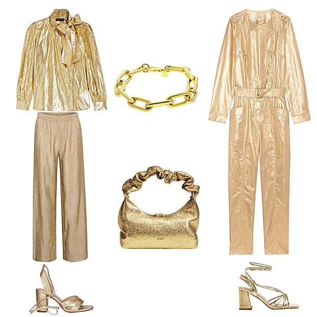 Blusa dorada con lazada, de MAX MARA (185 €). Pulsera con eslabones dorados, de MARINA GARCÍA (109 €). Mono dorado, de SÉZANE (160 €). Sandalias con tiras y tacón cuadrado, de MUSTANG (33 €). Bolso dorado mini, de THE SANT (395 €). Sandalia con tacón cuadrado dorada, de EXÉ SHOES (70 €). Pantalón ancho dorado, de SAINT TROPEZ (36 €).
