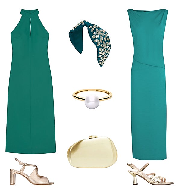 Vestido largo con cuello halter, de ROBERTO VERINO (158 €). Diadema ancha con cristales, de OCCEANIS (49 €). Vestido largo sin mangas, de CORTEFIEL (16 €). Sandalia con tacón carrete, de WONDERS (C.P.V.). Bolso rígido tipo clutch, de PARFOIS (26 €). Sandalia en piel dorada, con hebilla, de MASCARÓ (125 €). Sortija en oro de 18 quilates con perla, de JOSÉ LUIS JOYERÍA (179 €). 