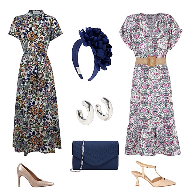 Vestido tipo camisero, de POLIN ET MOI (C.P.V.). Diadema con maxipétalos de tela, de SIENA (25 €). Vestido con cinturón, de CORTEFIEL (25 €). Zapato con puntera y destalonado, de RIVERA (C.P.V.). Bolso con cadena, de MILISENTE (23 €). Zapato salón en tono natural, de GEOX (84 €). Pendientes plateados de aro, de PARFOIS (6 €). 