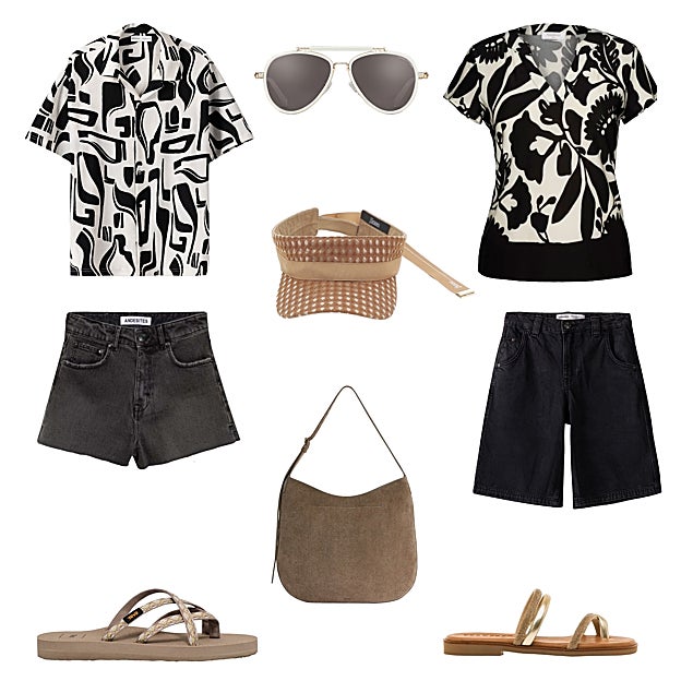 Camisa de manga corta con estampado, de BERSHKA (23 €). Gafas de sol tipo aviador, de THOMAS SABO (229 €). Top estampado, de NAULOVER (64 €). Short vaquero tipo bermuda, de BERSHKA (20 €). Sandalia plana con tiras metalizadas, de MUSTANG (39, 95 €). Bolso de ante, de ARKET (199 €). Sandalia tipo surfero, de TEVA (C.P.V.). Short vaquero de tiro alto, de ANDESITES (68 €). Visera ajustable, de HERNO (119 €).  MUJERHOY .
