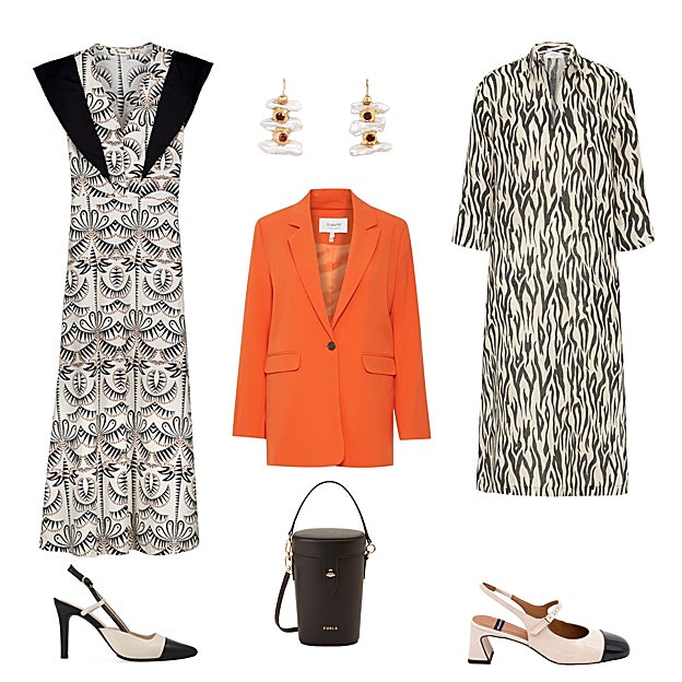 Vestido midi sin mangas, de ALGO BONITO (45 €). Pendientes Milagritos, con perlas barrocas, de CALA JEWELS (92 €). Vestido de lino estampado, de MIRTO (227 €). Zapatos en charol bicolor, de ÁNGEL ALARCÓN (115 €). Bolso en piel mini bucket, de FURLA (225 €). Zapato con tacón bicolor, de LODI (139 €). Blazer oversized, de B-YOUNG (80 €).