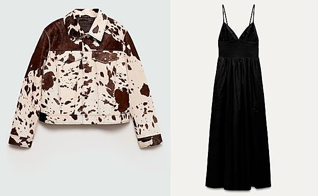 Cazadora de pelo estampada de Mango y vestido gabardina de Zara. 