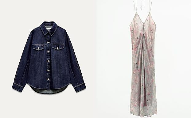Cazadora vaquera y vestido lencero de Zara.