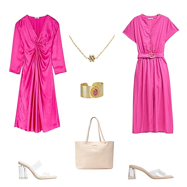 Vestido con escote en V y fruncidos, de SANDO (137, 50 €). Collar dorado, de SINGULARU (15 €). Vestido fucsia, con cinturón, de SALSA JEANS (100 €). Sandalia en PVC, de STRADIVARIUS (26 €). Bolso en piel tipo shopper, de CARMELA (90 €). Sandalia en PVC, de BERSHKA (26 €). Brazalete en latón, de COOSY (13 €).