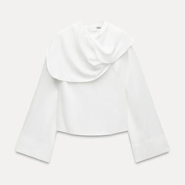 Imagen secundaria 1 - Vaquero campana de mujer Lila wide leg de cinco bolsillos con cintura alta de Motivi (85€ en El Corte Inglés)/ Blusa pañuelo ZW Collection de Zara (39,95€)/ Bailarinas Low Méline de Sézane (165€)