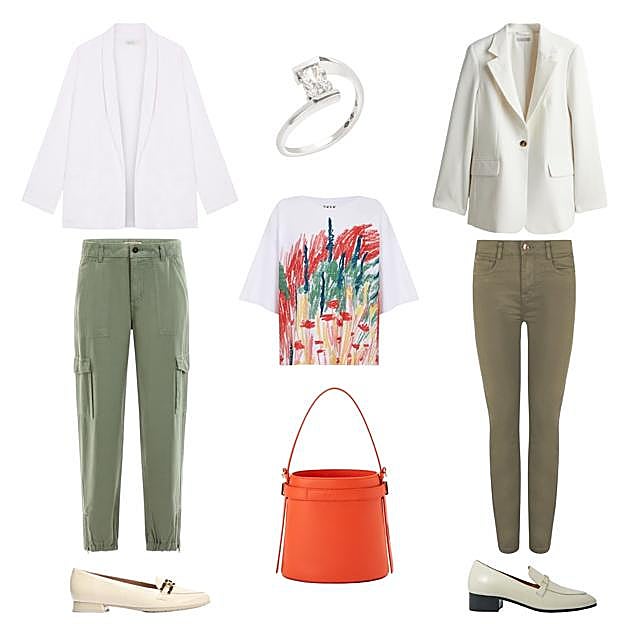 Blazer fluida, de HUG & CLAU (23 €). Anillo con brillante, de MYSTERYJOY (C.P.V.). Blazer de lino, de H&M (40 ). Pantalón pitillo verde militar, de CORTEFIEL (15 €). Zapato tipo mocasín en piel clara, de MAJE (147 €). Bolso Giove tipo cubo, de FURLA (325 €). Mocasín con adorno dorado, de PITILLOS (80 €). Pantalón tipo cargo, de GUESS (120 €). Camiseta Lariz, en algodón orgánico y estampada, de SKFK (55 €).