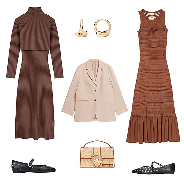Vestido de punto efecto dos piezas, de MAJE (355 €). Pendientes de aro, de PDPAOLA (129 €). Vestido de punto sin mangas, de SANDRO (171 €). Bailarinas con tachuelas, de PRETTY BALLERINAS (299 €). Bolso en rafia y piel, de RUE MADAM PARIS (180 €). Bailarinas tipo merceditas, de MARTINELLI (110 €). Blazer oversized, de ARKET (79 €).