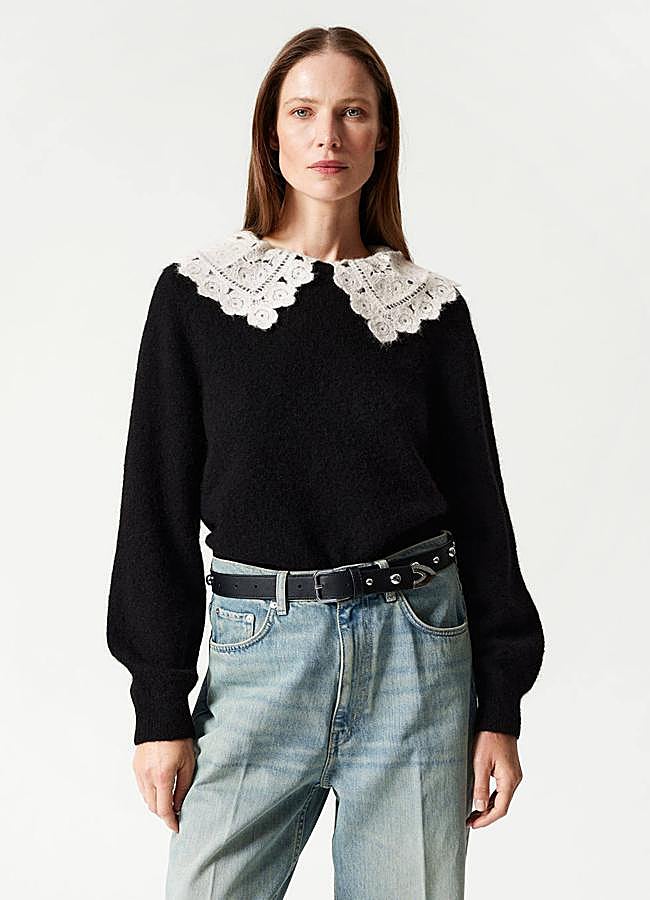 Imagen - Jersey negro de lana con cuello babero