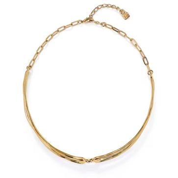 Imagen secundaria 1 - Pendientes botón cruzado de plata bañados en oro de OKsilver (69,95€ en El Corte Inglés)/ Collar doble bañado en oro 18k con topacio blanco de UNO de 50 (239€ en El Corte Inglés)/ Brazalete chic de acero calado de Viceroy (39€)