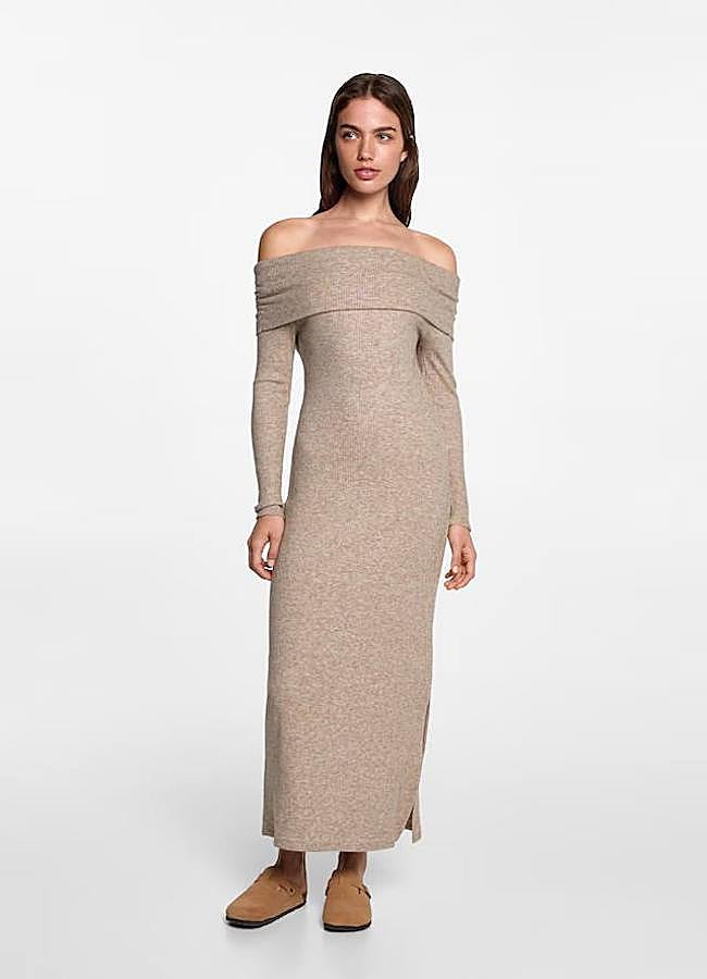 Imagen - Vestido off shoulder básico en tejido de punto beige