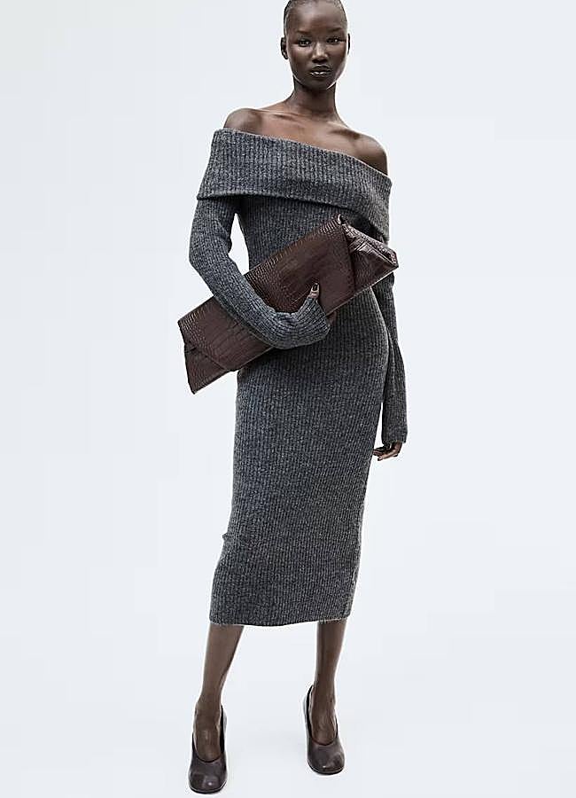 Imagen - Vestido midi off shoulder en punto jaspeado