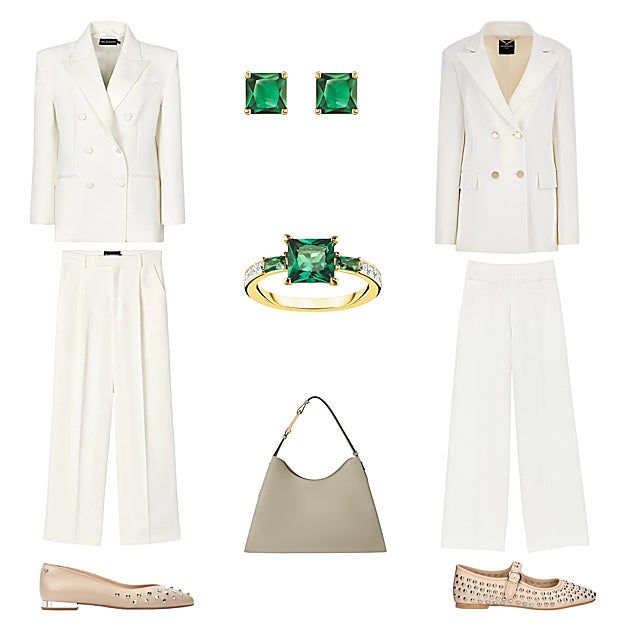 Chaqueta tipo esmoquin (295 €) y pantalón sastre (195 €), de BLANAM. Pendientes (98 €) y anillo (98 €) en plata con baño de oro y con cristal verde y circonitas, de THOMAS SABO. Chaqueta blanca, de MARCIANO BY GUESS (140 €). Pantalón sastre blanco, de SANDRO (171, 5€). Bailarinas con tachuelas, de EXÉ SHOES (100 €). Bolso Nuvola, en piel, de FURLA (495 €). Bailarinas con tacón plateado, de MARTINELLI (120 €).