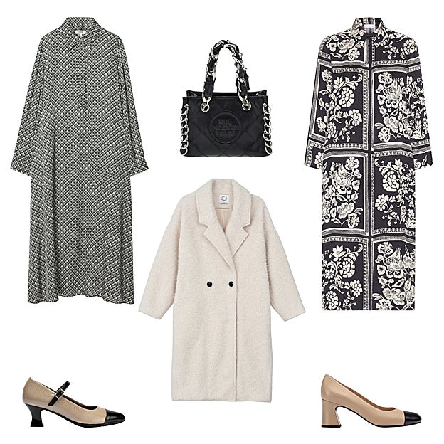 Vestido largo y camisero, de COS (125 €). Bolso en piel con detalles de cadena, de RUE MADAME (195 €). Vestido camisero con print de flores, de MIRTO (310 €). Zapatos bicolor, con tacón cuadrado, de UNISA (125 €). Abrigo efecto borrego, de LILI SIDONIO (145 €). Zapato tipo merceditas, bicolor, de PITILLOS (75 €).