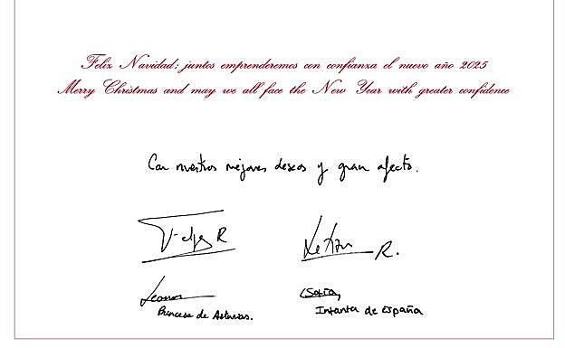 Las firmas de los reyes Felipe y Letizia y de sus hijas, la princesa Leonor y la infanta Sofía, en la felicitación de Navidad de la familia real. 