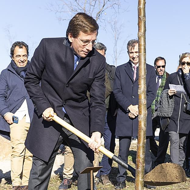 Imagen principal - José Luis Martínez Almeida planta un árbol en nombre del consistorio en el Bosque del Propósito. Juan Alonso de Lomas, CEO de L'Oréal Groupe España y Portugal. Juan Naya, CEO de Isdin.