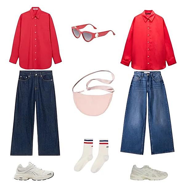 Camisa roja, de MANGO (30 €). Gafas de sol con detalle dorado en la patilla, de MÓ DE MULTIÓPTICAS (59 €). Camisa roja básica, de ZARA (26 €). Pantalón vaquero ancho, de BERSHKA (26 €). Zapatillas deportivas, de ASICS PARA COURIR (125 €). Calcetines con rayas deportivas, de SANDRO (25 €). Zapatillas Premier Road Plus VI, de REEBOK (84 €). Pantalón vaquero ancho, de ARKET (99 €). Bolso de nylon, de UNIQLO (15 €). 