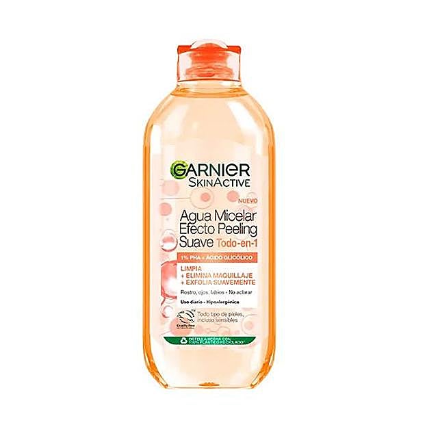 Skin Active Agua Micelar Efecto Peeling Suave Todo-En-1 de Garnier. Precio: 4,99 euros