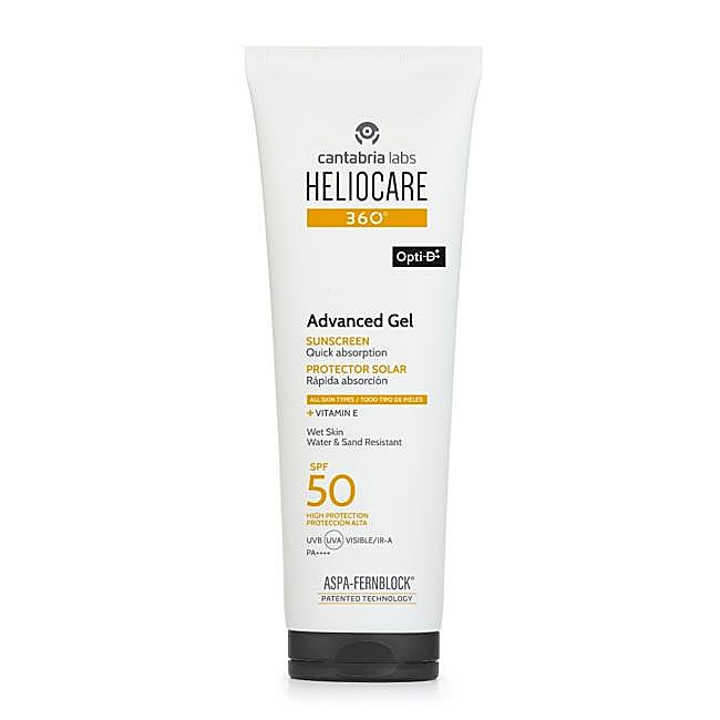 Heliocare 360º Advanced Gel SPF 50 de Cantabria Labs, una combinación óptima y eficiente de filtros solares, vitamina E y ASPA-FERNBLOCK® que ayuda a prevenir y reparar el daño solar, a mejorar la funcionalidad de la vitamina D, potencia el factor de protección y aumenta el tiempo de protección.