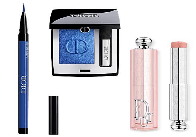 Delineador de ojos Diorshow On Stage Liner 301 Shimmer Mint; colorete Rosy Glow en tono 006 Berry y bálsamo labial Lip Glow Butter en el tono 105 Lychee, todo de Dior Belleza.