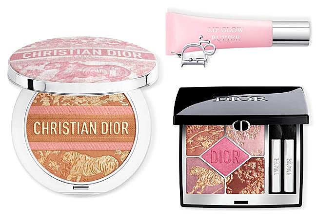 Bálsamo Dior Lip Glow Butter en tono 101 Glazed Pink, Bronzer Dior Forever Nude Bronze Glow en tono 032 y paleta de ojos Diorshow 5 Couleurs 974 Pink Rivier, todo de la colección de verano 2025 DIORIVIERA de Dior Beauty.