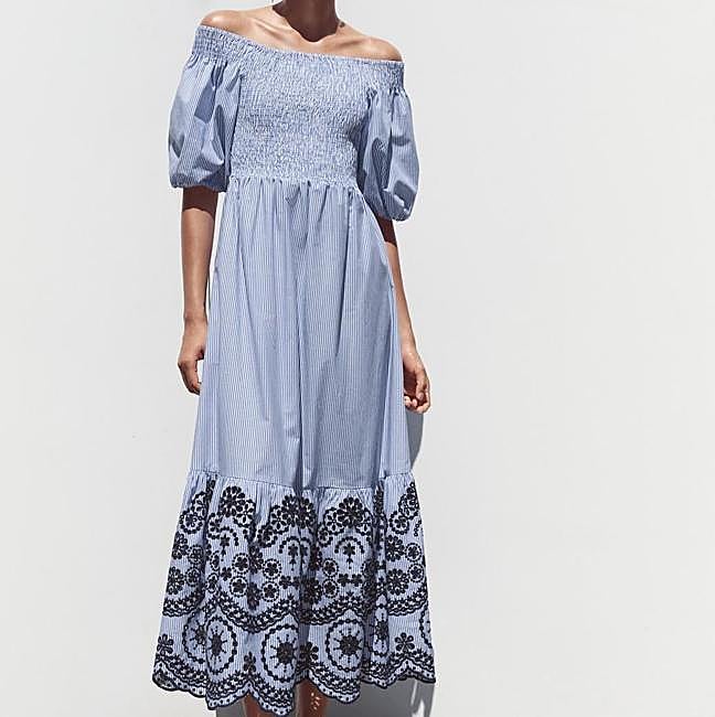 Vestido bordado con elástico nido de abeja