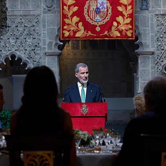 El rey Felipe, durante su discurso en los Reales Alcázares de Sevilla, con motivo de la Cuarta Conferencia sobre Financiación a la Cooperación de la ONU.