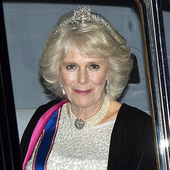 La reina Camilla luciendo la tiara Cubitt-Shand, en 2014.