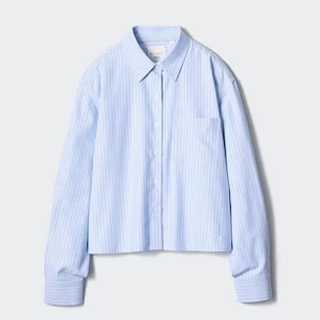 Imagen principal - Camisa oxford cuadrada de rayas de Uniqlo (34,90€)/ Falda midi detalle patchwork de Massimo Dutti (89,95€)/ Vestido jacquard floral satinado de Mango (89,95€)