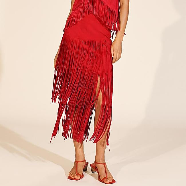 Falda midi de flecos en ante