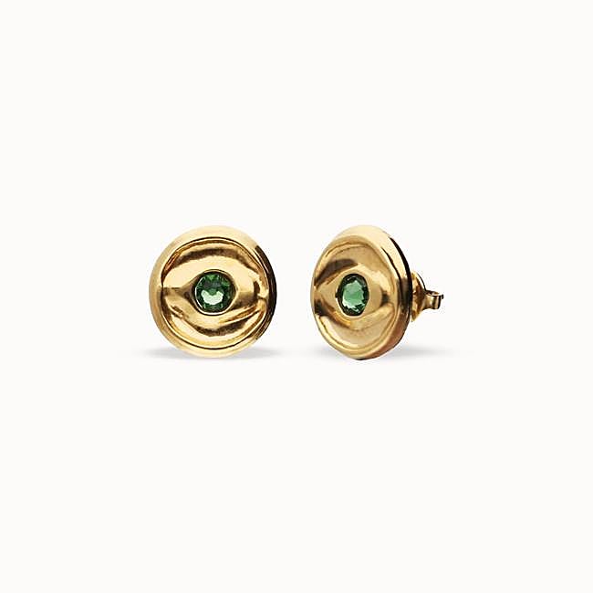 Pendientes de botón bañados en oro 18k con cristal facetado verde (75€)