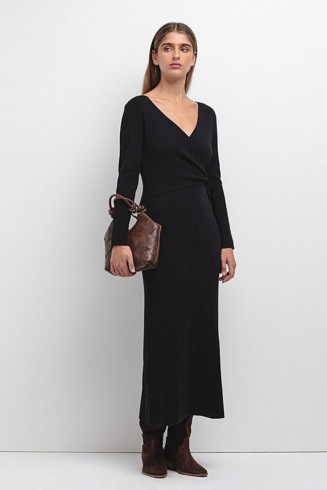Vestido De Punto De Manga Larga Para Mujer | Otoño 2025, Tejido Acanalado, Corte Ajustado Y Cuello En V | Tallas S A XL