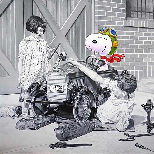 Imagen principal - Creaciones de Jaime Sancorlo, Nuno Raminhos y Riccardo Nannini, para esta exposición de Snoopy.