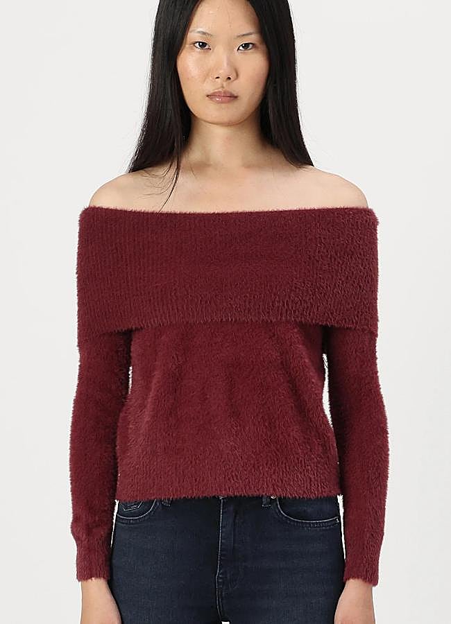 Imagen - Jersey de punto con escote bardot burdeos
