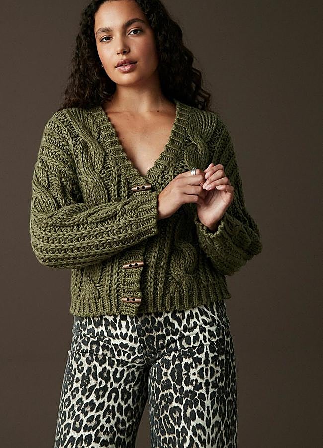 Imagen - Cárdigan trenzado grueso en verde oliva