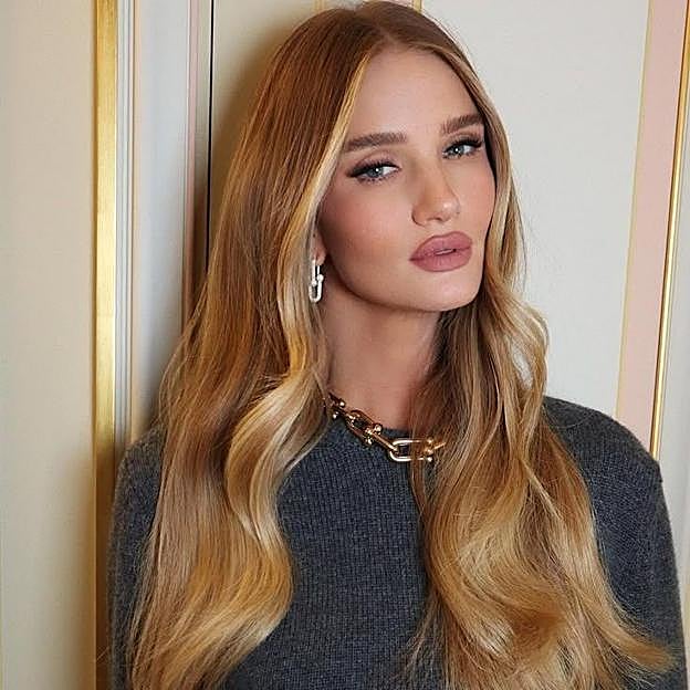 Rosie Huntington-Whiteley con mechas money piece doradas en cabello rubio