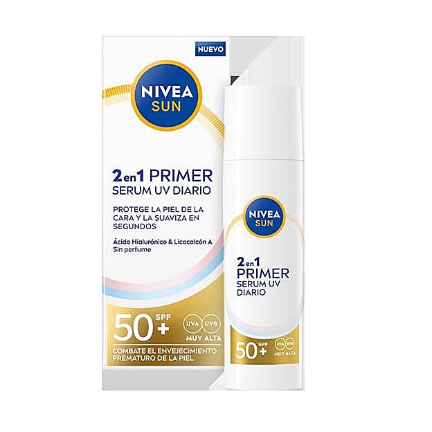 Nuevo 2in1 Primer Sérum UV Diario SPF 50+ de Nivea. Tiene un precio de 15,25 euros en El Corte Inglés o en Amazon.