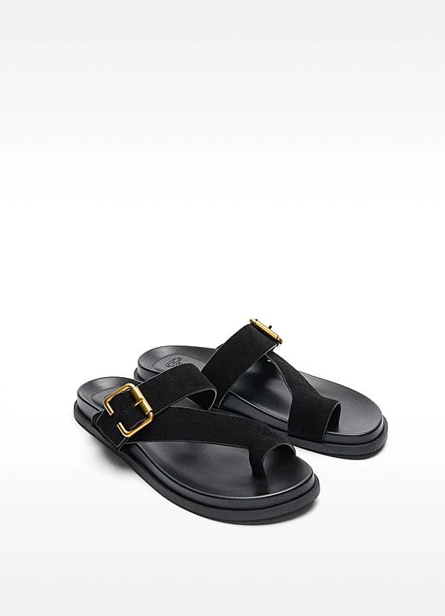 Imagen - Sandalias de ante negro con adorno dorado