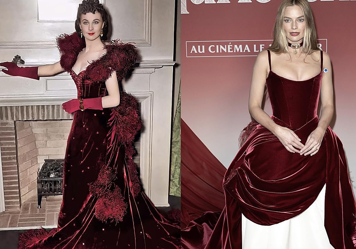 Vivien Leigh con el 'vestido de la vergüenza', en Lo que el viento se llevó (1939) y Margot Robbie, con el diseño homenaje de Chanel. 