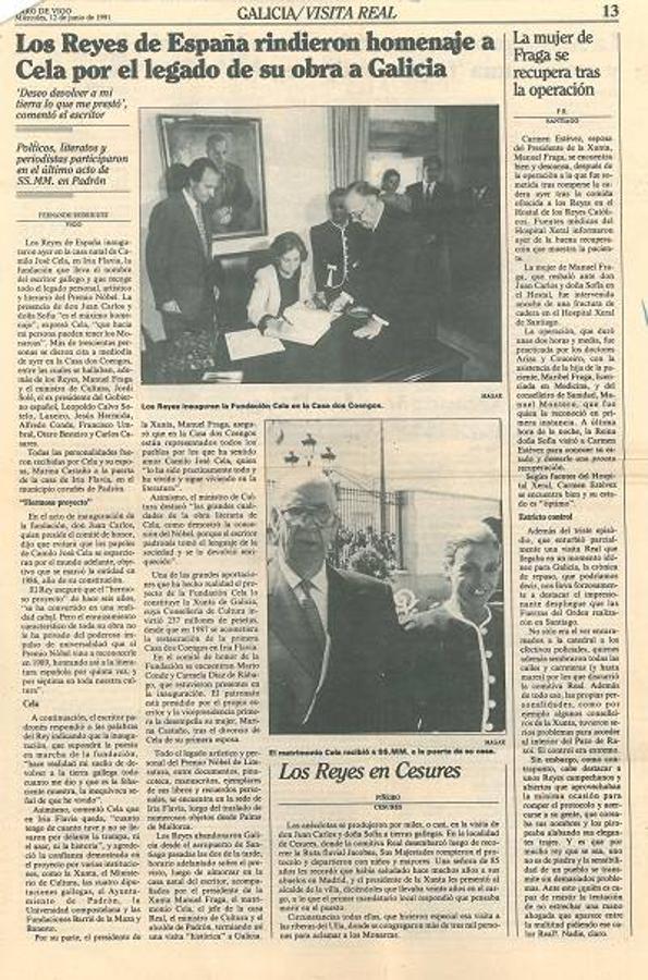 Noticia del 12 de junio de 1991 sobre la inauguración de la Fundación Camilo José Cela.