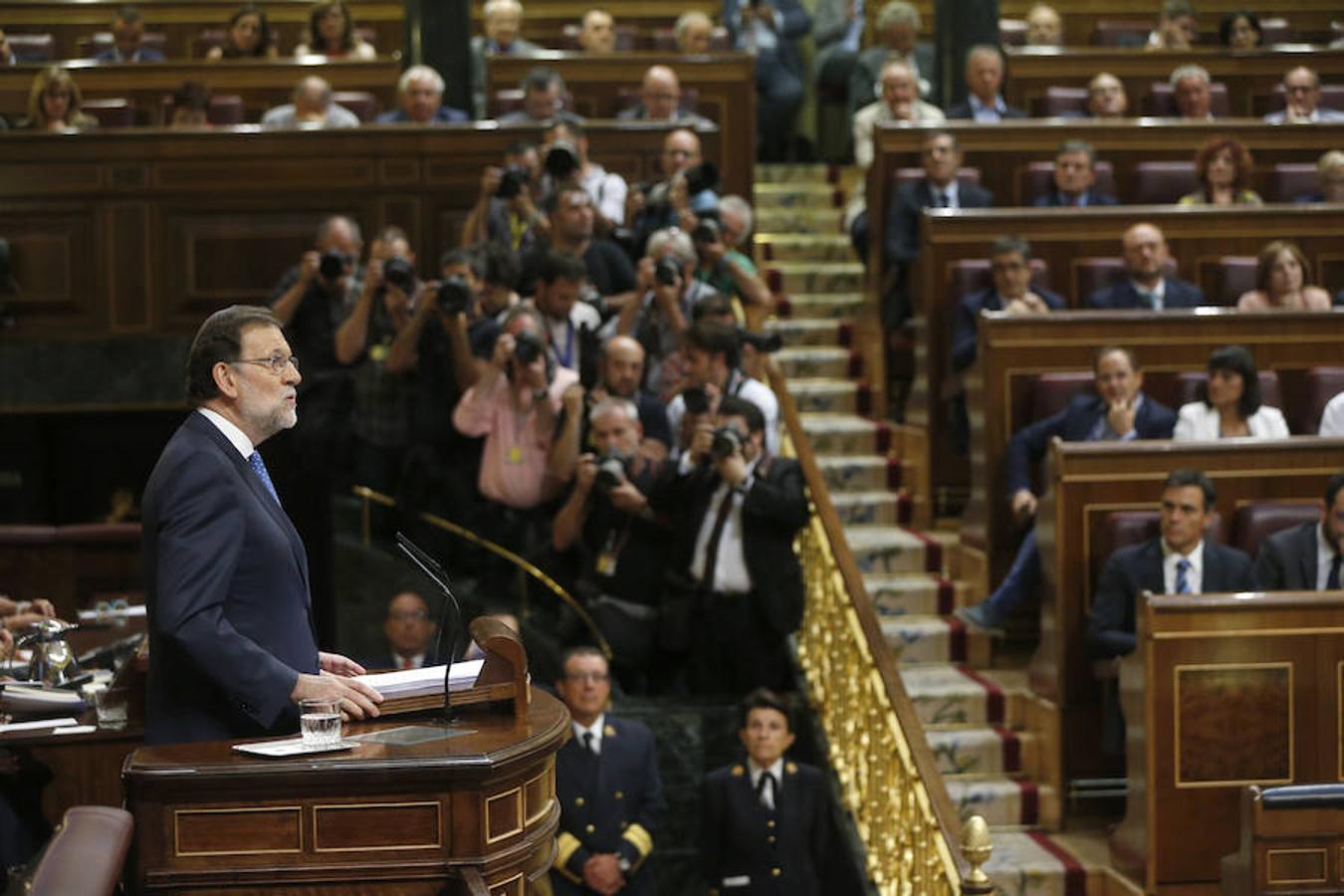 El presidente del Gobierno en funciones, Mariano Rajoy, durante su intervención esta tarde en el Congreso de los Diputados.