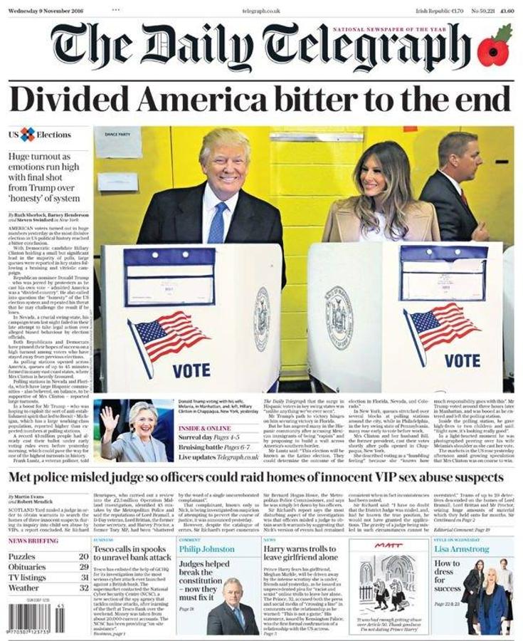 The Daily Telegraph (Reino Unido). El periódico británico publica: «Una América dividida amarga hasta el final»